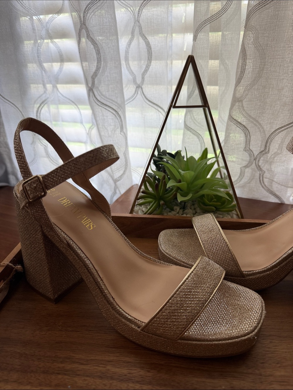 Ladies Metallic Gold Platform Block Heel Sandals with Ankle Strap